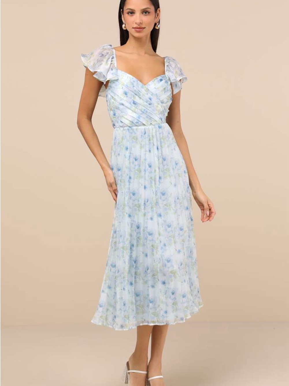 Lulu's Light Blue Floral Midi Dress with Ruffle Cap Sleeves